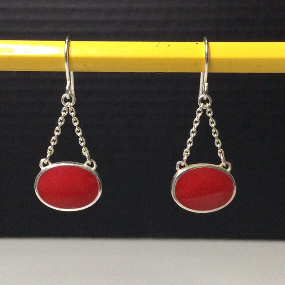 Silver Drop Earrings with Oval Red Stones